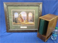 religious print-wooden shelf-morgan dollars book