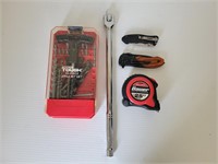 Poket knives, tape measure, drill bits, & more