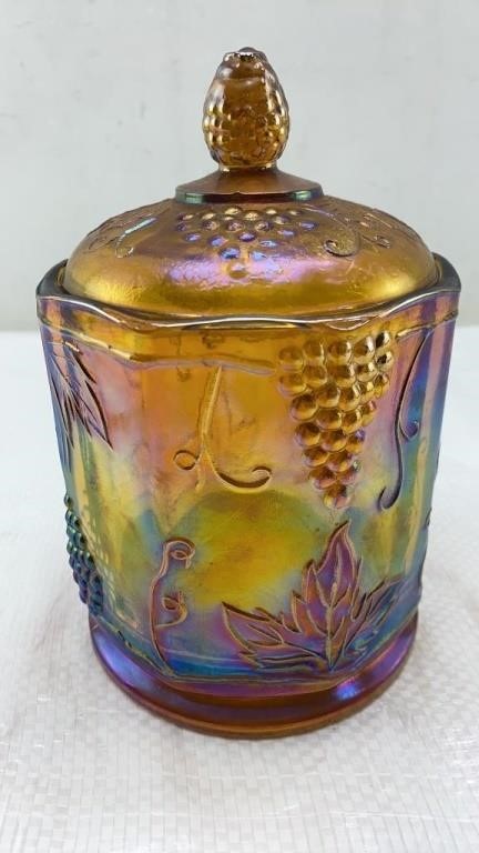 7in Vintage Marigold Carnival Glass Canister Jar