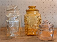 4 Vtg. Glass Lidded Candy/Kitchen Jars, LE Smith+