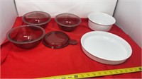 Corning Ware purple bowls, quiche tray casserole