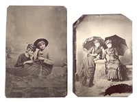 2 Tintypes Posed Women Sisters, Boat, Parasols