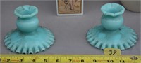 37P: (2) blue glass candle holders, vases etc
