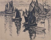 Richard Hayley Lever Charcoal Drawing Sailboats