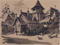 Signed Ink Wash Village Scene