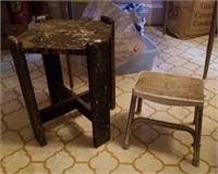 Old metal stool 9.5" tall,  wood stand 15.5" tall