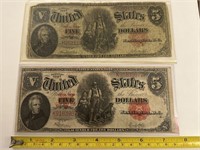 Pair of 1907 five dollar bills