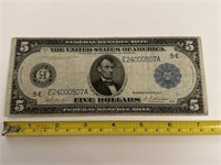 1913 blue seal, five dollar bill