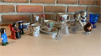 Vintage cups & saucers, knife rest, mini wooden