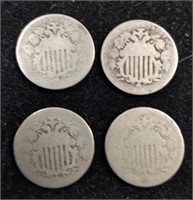 Collection of four antique Shield Nickel coins