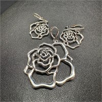 Sterling Silver Rose Pendant Earring Set