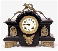 Ansonia mantle clock, iron case, brass trim,