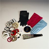 Three pairs of vintage leather gloves, a fan, comp