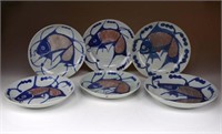 SIX EXPORT RED, BLUE & WHITE PORCELAIN DISHES