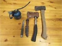 2 HATCHETS, OIL CAN AND HUNTING KNIFE