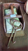 Vintage feed scoop, hay hooks, and feed bag