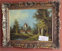 Framed original oil on canvas of homestead in