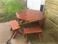 Wooden Table and 6 Wooden Bench Chairs