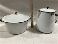 Enamel coffee pot and bowl with lid. They have