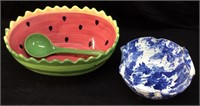 WATERMELON SERVING DISH AND BLUE POTTERY BOWL