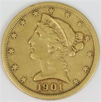 1901-S $5 US HALF EAGLE LIBERTY HEAD GOLD COIN