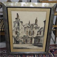 Framed Watercolor of 18th Century home signed