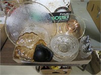 box of glassware, coal ashtray
