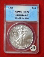 1999 American Eagle ANACS MS70 1 Ounce Silver