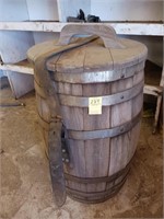 ANTIQUE STORAGE BARREL W/LEATHER STRAP