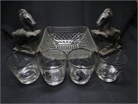 2 Ceramic Horses * 4 Bird Glasses Press Glass Bowl