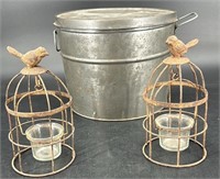 2 Antique Bird Cage Candle Holders & Metal Pale