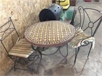 36" Patio table & 2 metal chairs with cushions
