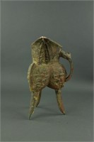 Chinese Archaic Bronze Tripod Wine Vessel Jiao