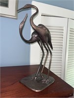 Vintage Brass Sculpture of Two Cranes on Stand