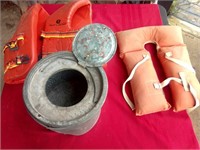 Old life vests and minnow bucket, damaged