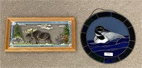 Leaded Glass Loon and Painted Glass Moose