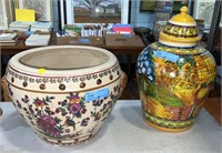 2 LARGE PIECES OF DECORATED POTTERY PLANTER & URN