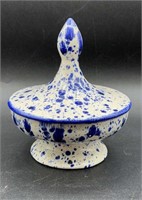 Vtg 6'' Ceramic Footed Urn Cobalt Blue Splatter