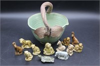 Pottery basket & 11 WADE ENGLAND porcelain animals