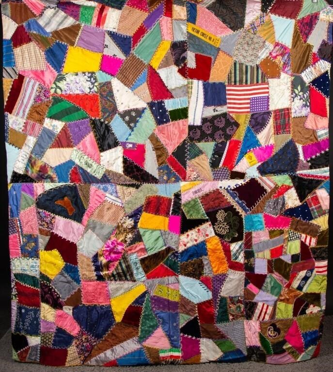 Antique Silk Brocade Crazy / Memorial Quilt