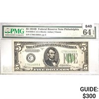 1934B $5 Fed Reserve Note PMG Ch UNC 64