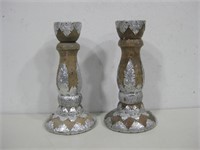 Two 9.25" Wood & Tin Candle Holders