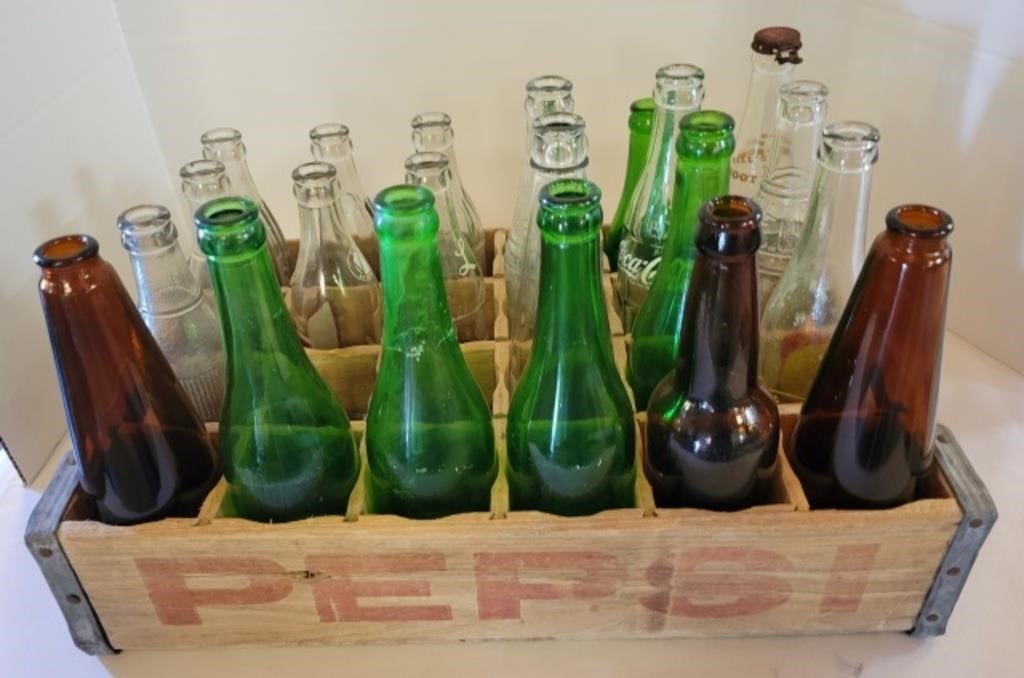 Pepsi Wooden Crate w/ Assorted Glass Bottles