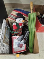 Box Lot W/ Snowman/Decor/Paper Umbrella Etc