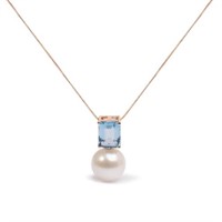 14K Rose Gold Pearl & Swiss Blue Topaz Pendant Nec