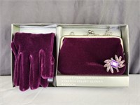 Vintage Purple Velvet Gloves Clutch and Brooch