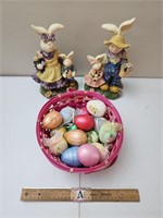 Easter Bunny Figurines & Basket of Eggs