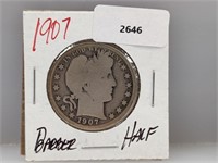 1907 90% Silver Barber Half $1 Dollar