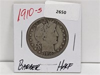 1910-S 90% Silver Barber Half $1 Dollar