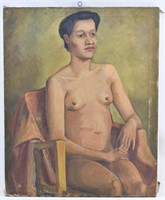 Female Nude Portrait Oil Painting, Signed Allin